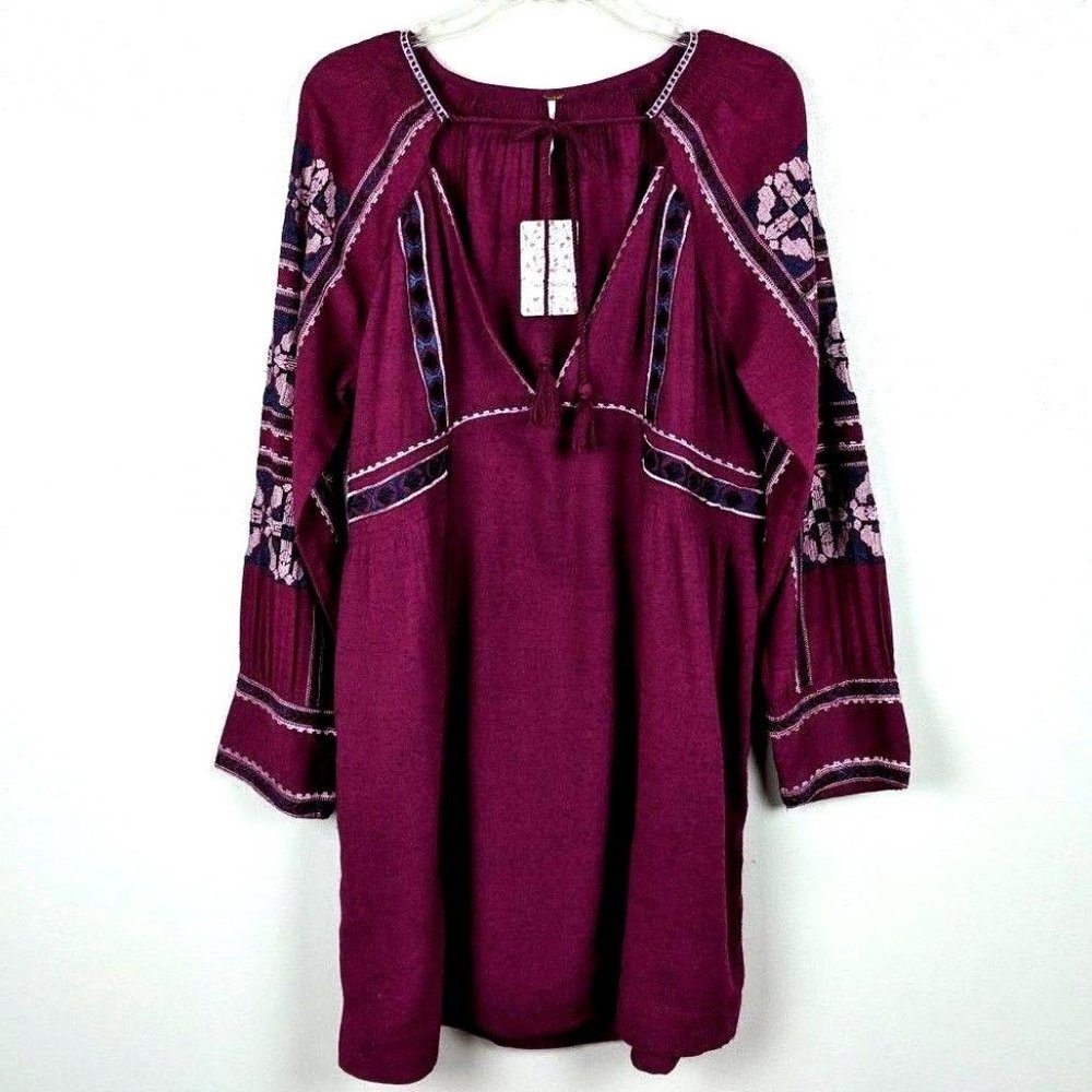 Free People Indigo Bohemian Embroidered Mini Dress | Plunging V-Neck - Picture 2 of 4